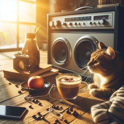 A cat with coffee watching the sunrise listening to music