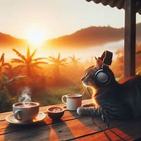 A cat with coffee watching the sunrise listening to music